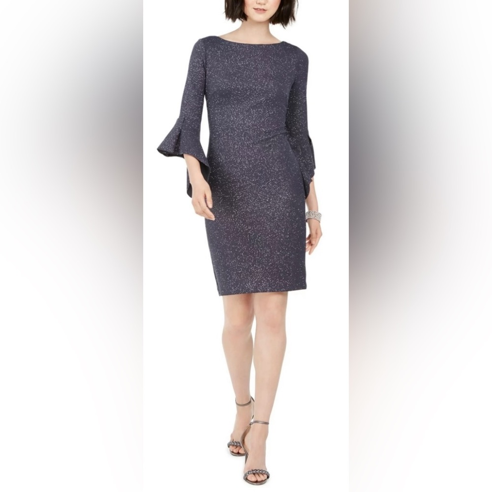 Vince Camuto Grey Glitter Sheath Dress with Bell Sleeves